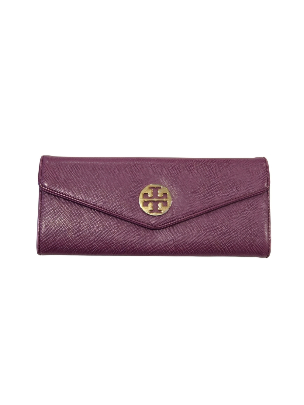 Tory Burch Plum Leather Envelope Clutch with Gold Logo